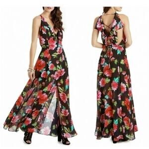 UEC XOXO Women's Floral Wrap Maxi Prairie Dress Ruffle V-neck Back Lace-up SZ L